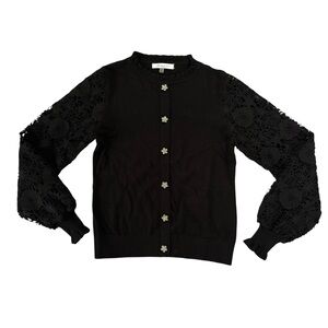 Sioni Black Cardigan with Lace Sleeves